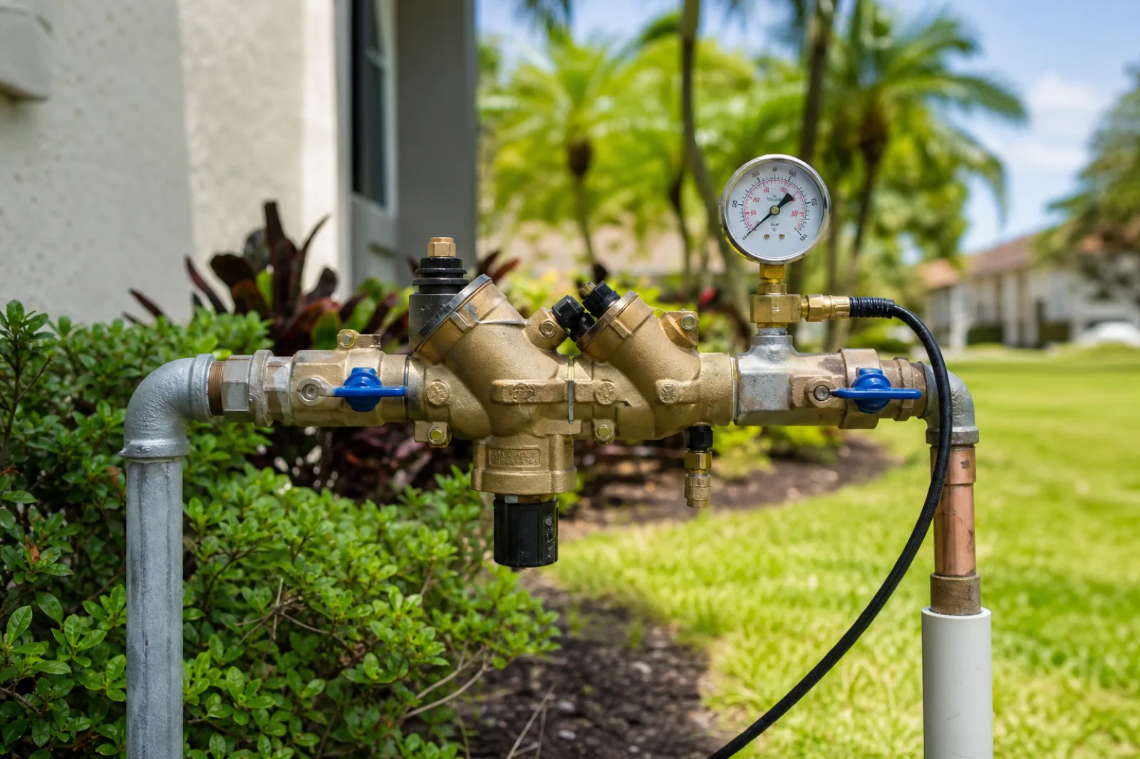 Backflow prevention assembly with test gauge at a Florida irrigation connection