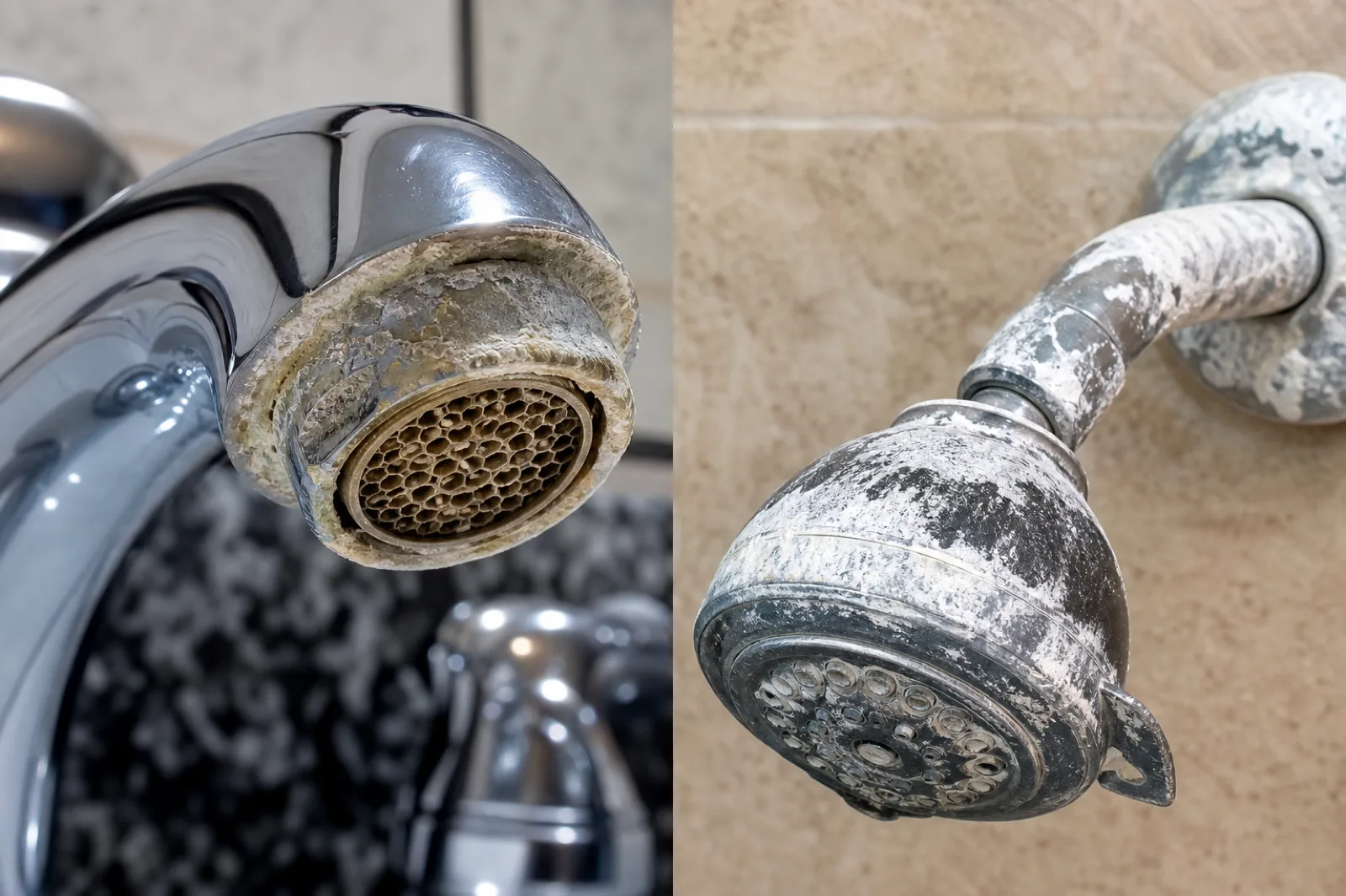 White calcium and limescale buildup on a faucet aerator from hard water