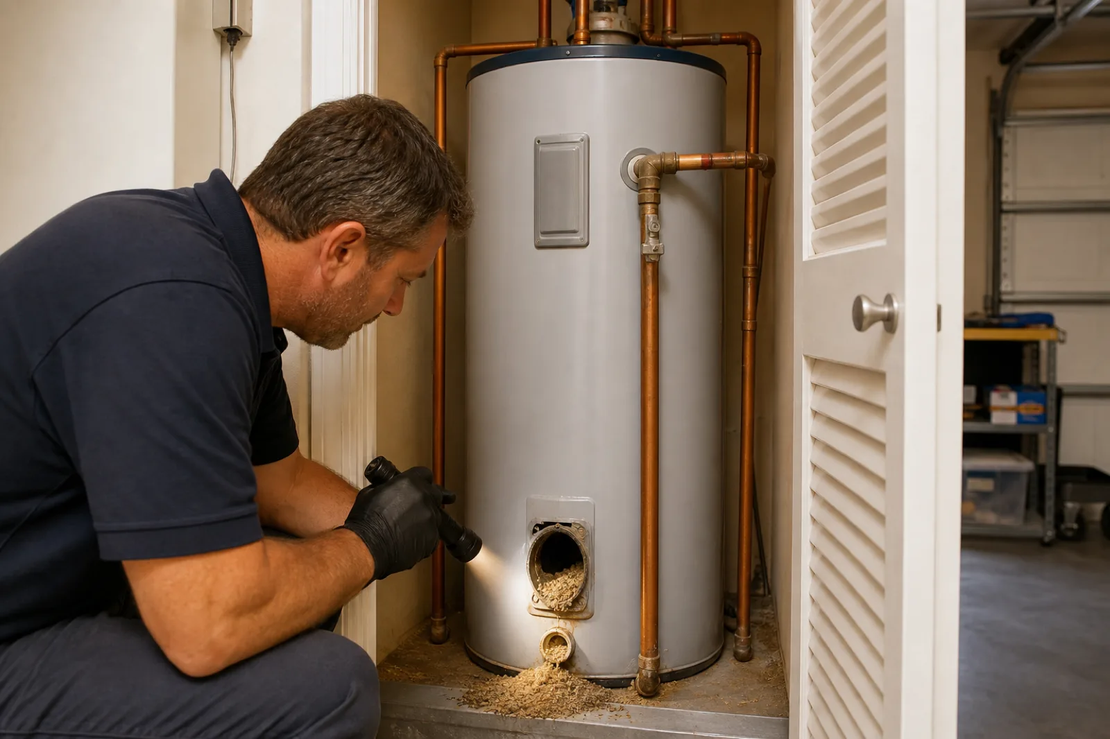 Plumber inspecting a residential tank water heater in a Florida garage
