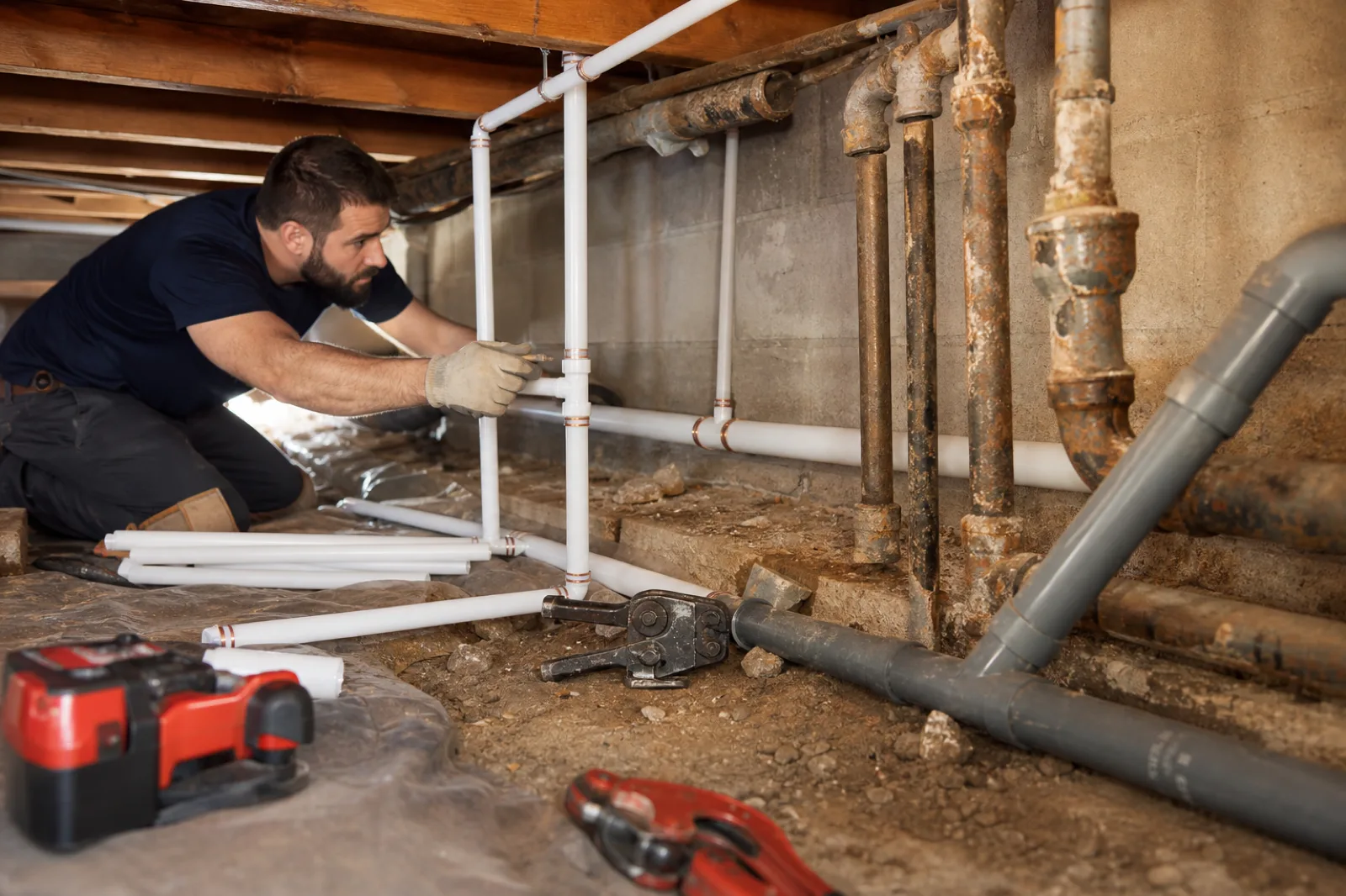New PEX pipes alongside old corroded galvanized and polybutylene plumbing