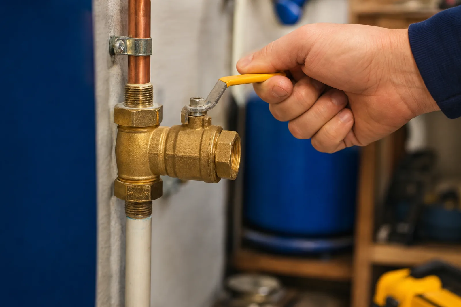 Hand turning a brass main water shut-off valve in a residential utility area